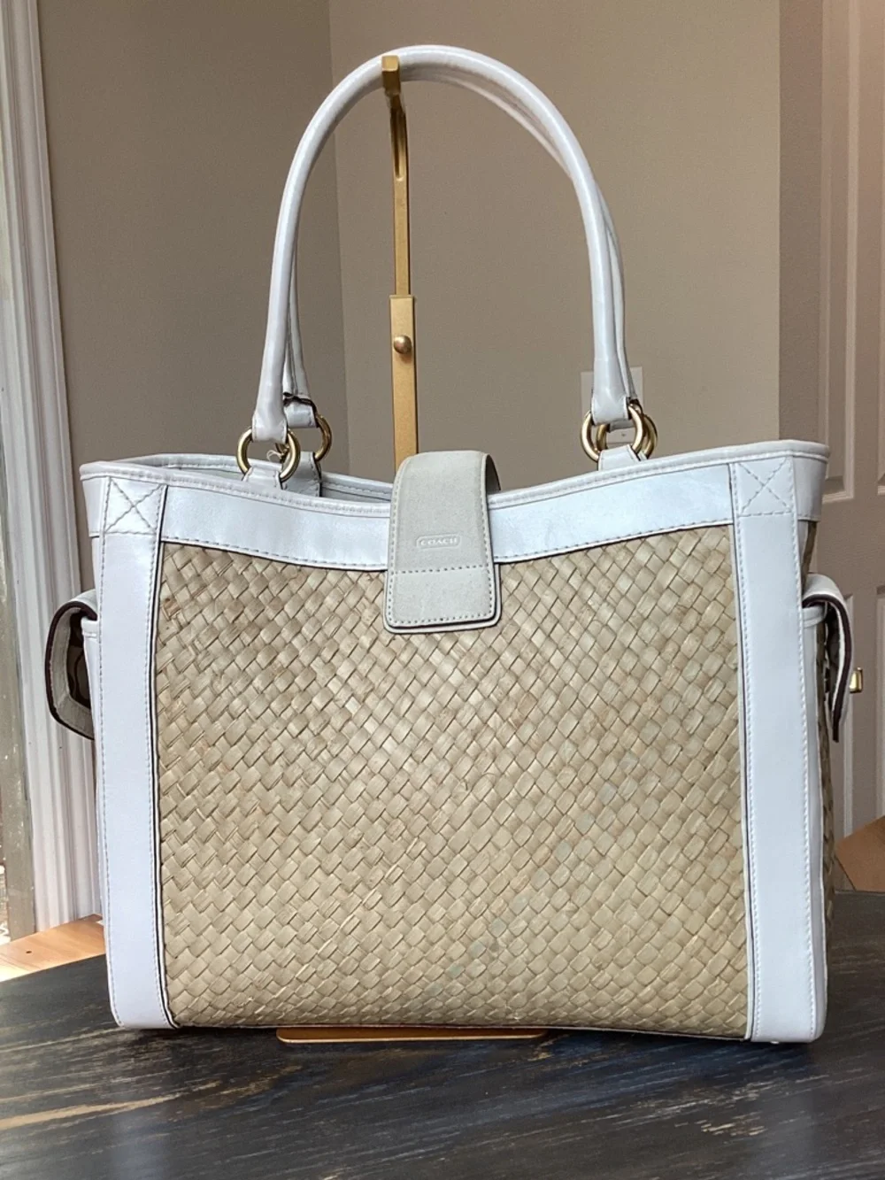 Coach White Leather Suede and Natural Woven Straw Tote with Gold Hardware - Picture 2 of 15